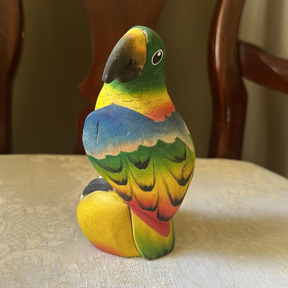 Handcrafted balsa wood parrot, signed, Costa Rica Rain Forest, rainbow colors